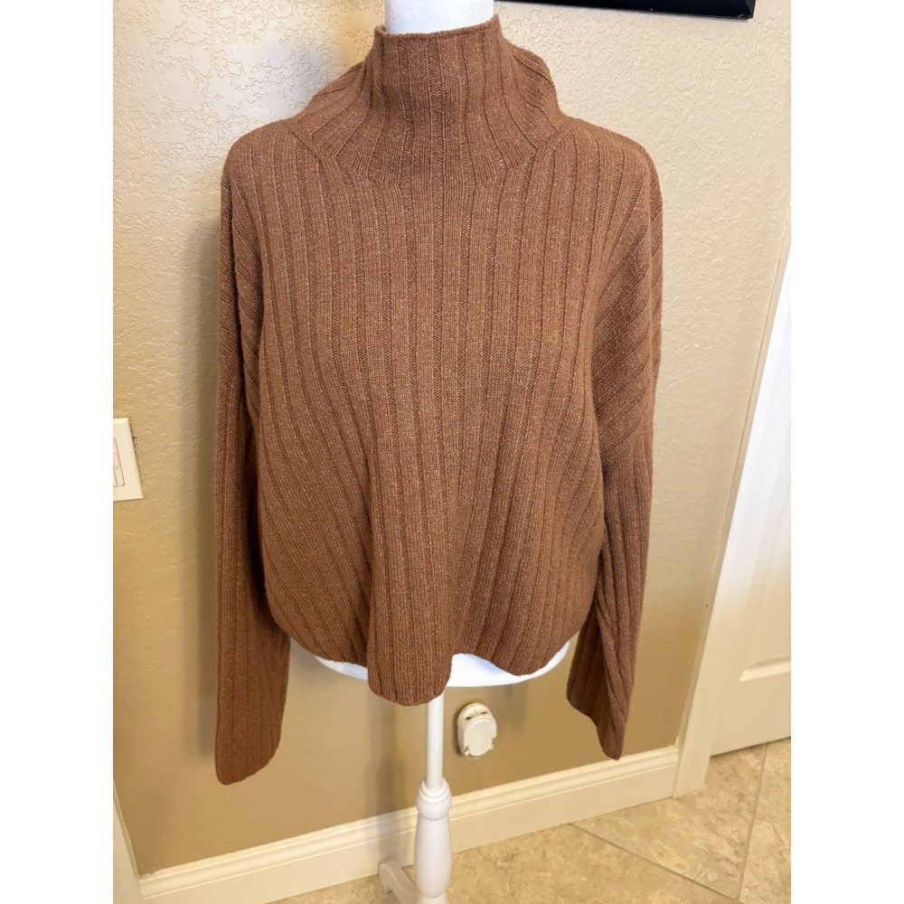 Open Edit Wool Blend Ribbed Funnel Neck Sweater, Cropped, XL